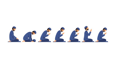 Obraz premium Muslim man prayer positions sequence flat icon set islam worship vector illustration