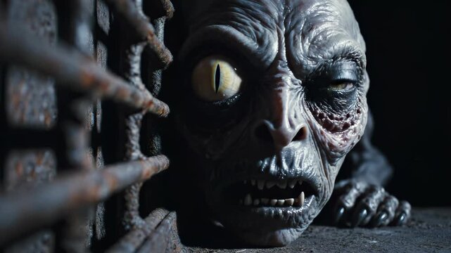 Creepy Gollum-like creature peering through bars in dark dungeon.