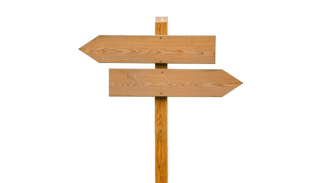 Two wooden arrow signposts pointing in opposite directions, isolated on transparent background