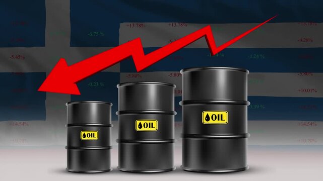 Greece flag with oil barrels and red downward arrow falling crude prices economic decline