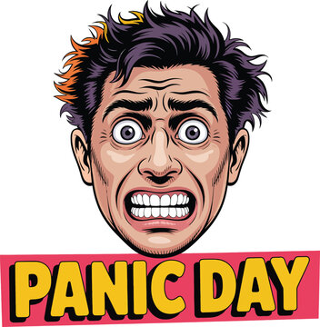 Man with wide eyes and clenched teeth in comic style with text p a n i c d a y face expression panic