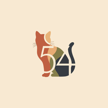 A stylized cat illustration with a number 54 in a colorful, abstract design on a beige background.