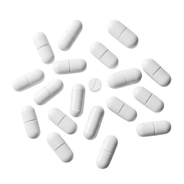 Numerous white, oblong pharmaceutical tablets, subtly varied with score lines, scattered on a transparent surface with shadowless studio lighting, concept of pharmaceutical precision and sterility