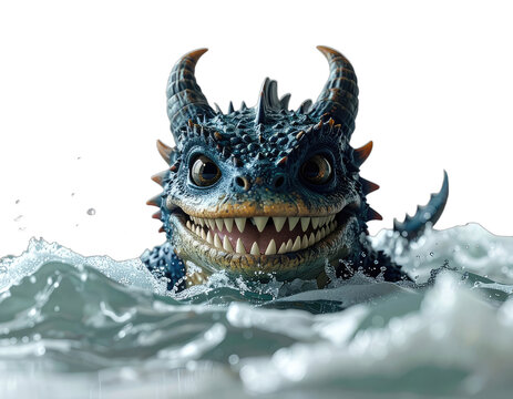 A fantastical, blue-scaled creature with horns emerges from turbulent water against a stark black background, displaying a mischievous grin and sharp teeth.