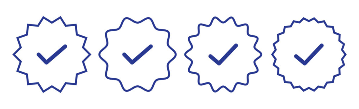 Blue Verified badge icon set. Blue tick check with social media account icon. Set of check mark icons. approved profile sign. white tick in blue circle. Social media official account tick symbol.