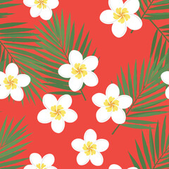 Obraz premium Tropical Plumeria Flowers and Palm Leaves Seamless Pattern on Red Background
