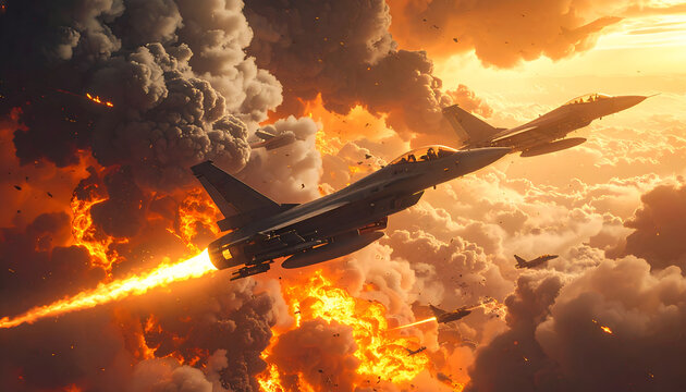 A dramatic digital artwork depicts a squadron of fighter jets soaring through a fiery sky amidst explosions and billowing smoke, showcasing a scene of intense aerial combat.