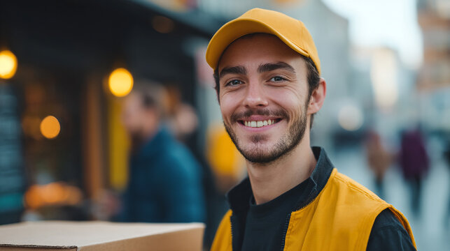 Cheerful Courier in Yellow Uniform Holding Cardboard Delivery Box on a Busy City Street.