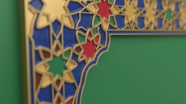 Geometric pattern frame with colorful star shapes on green background