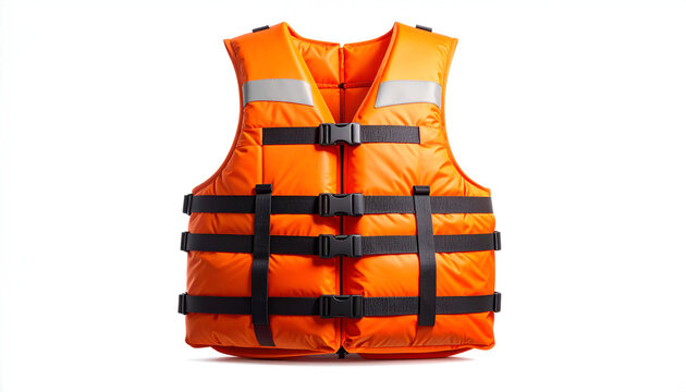 A bright orange life jacket with reflective stripes and black straps is displayed against a clean white background, emphasizing its safety features.