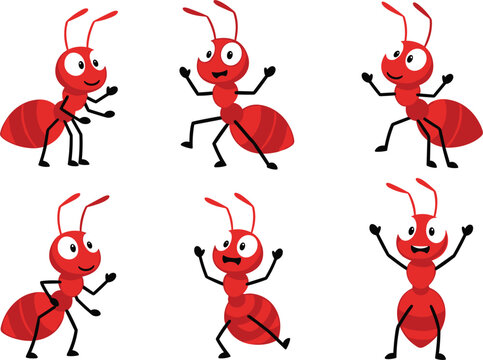 Cute Cartoon Ant Characters in Various Poses, Dancing, Running, and Smiling, Happy Red Ants Illustration