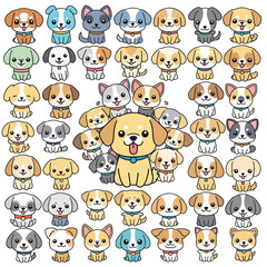 Obraz premium Collage of cute cartoon dogs and cats with one large happy dog in the center on a white background.