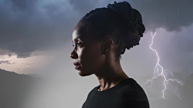 Dramatic Portrait of a Woman Against a Stormy Sky with Lightning.