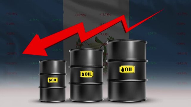 Guatemala flag with oil barrels and red downward arrow falling crude prices economic decline