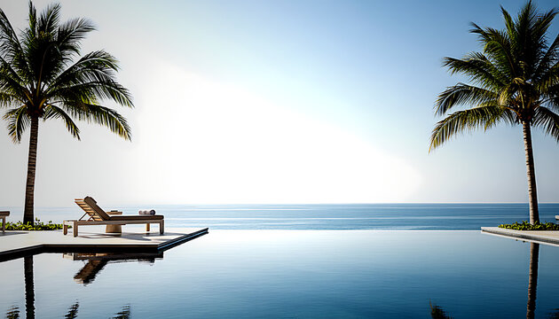 Serene infinity pool edge with palm trees and lounge chair overlooking ocean