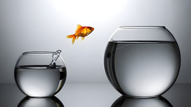 Goldfish jumping from small bowl to large bowl, freedom concept, inspirational, motivational, business growth, change