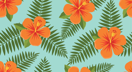 Obraz premium Orange Hibiscus Flowers, Seamless Pattern. Tropical Floral Design. Flat Vector Illustration. Fabric Print