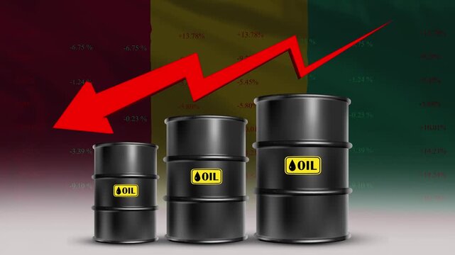 Guinea flag with oil barrels and red downward arrow falling crude prices economic decline