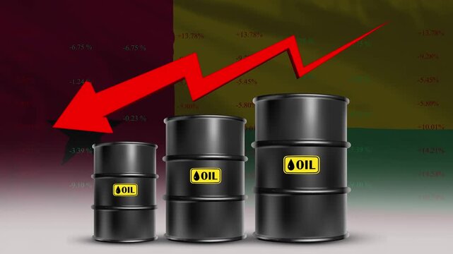 Guinea Bissau flag with oil barrels and red downward arrow falling crude prices economic decline