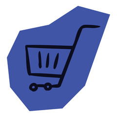 Hand drawn black outline shopping cart icon on blue irregular shape for scrapbook and journal. Vector illustration design. © FYDesign