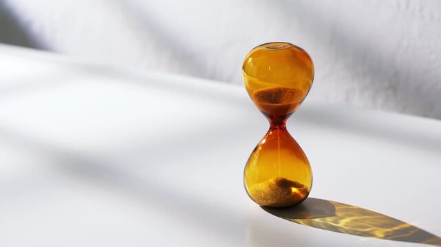Amber Hourglass on White Surface with Minimalist Shadows - Concept of Time Passing