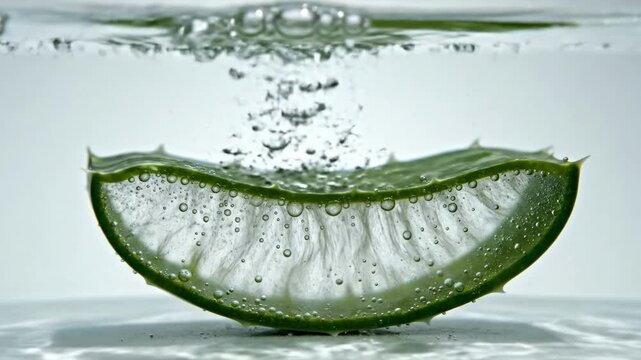 Fresh aloe vera slice in refreshing clear water with bubbles