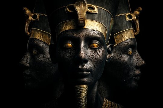 Golden pharaoh headdresses gleam against a dark background, exuding ancient power and mystery. The striking image captures history, grandeur, and the allure of Egypt&rsquo;s past.