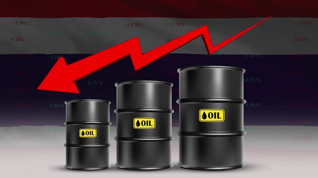 Thailand flag with oil barrels and descending red arrow indicating economic price decline