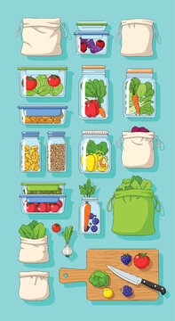 A colorful illustration of food storage containers and fresh produce
