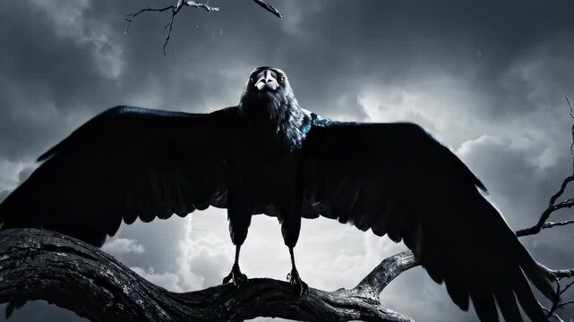 Mysterious Crow Spreading Wings on a Gnarled Branch Under a Stormy Sky.
