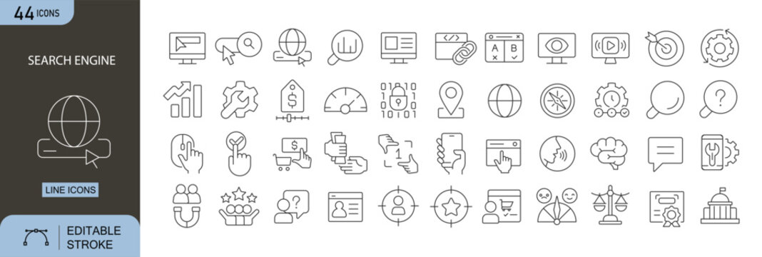 Search engine icons set representing web search, query, results, ranking, indexing, SEO, data retrieval, browser and online information access in clean outline style.