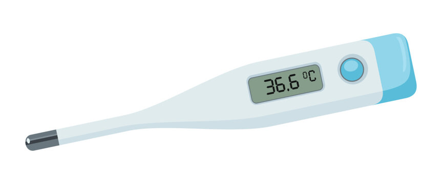 Digital medical thermometer showing normal body temperature 36.6 Celsius, electronic clinical thermometer isolated on white background. Vector cartoon flat illustration.
