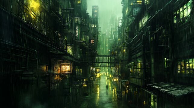 Neon signs glow faintly in a rain-soaked alley, reflecting off wet pavement and dark walls. The moody scene evokes mystery, solitude, and the haunting beauty of urban nights.