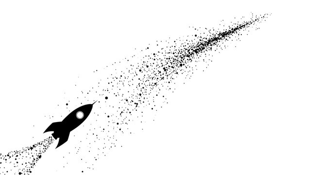 Black rocket ship silhouette blasting off with a trail of ink splatters on white background