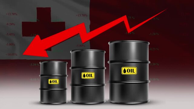 Tonga flag with oil barrels and descending red arrow falling prices economic decline