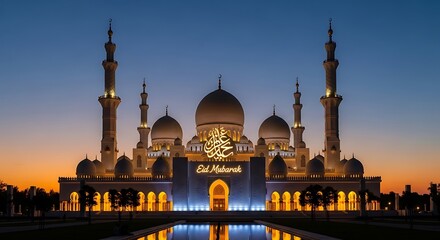 Naklejka premium Sheikh zayed grand mosque illuminated at dusk with reflection in water, building