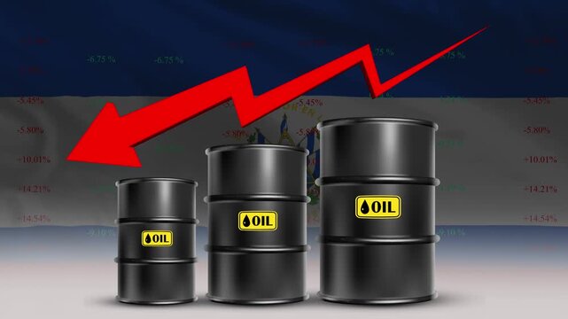 El Salvador flag with oil barrels and red arrow falling prices concept