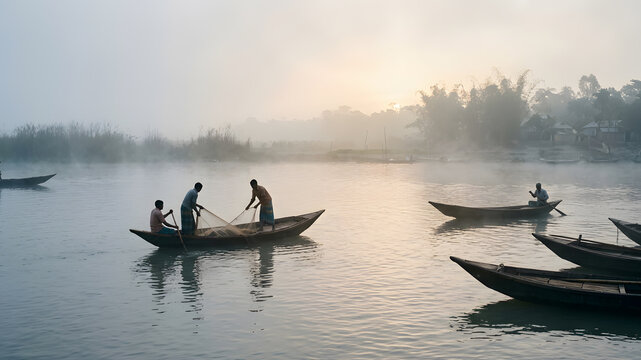 Traditional fishing boats on the Padma River, surrounded by misty morning light