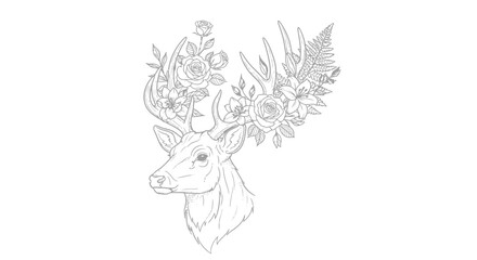 Elegant Deer Head with Floral Antlers - Line Art Illustration © Sifaul