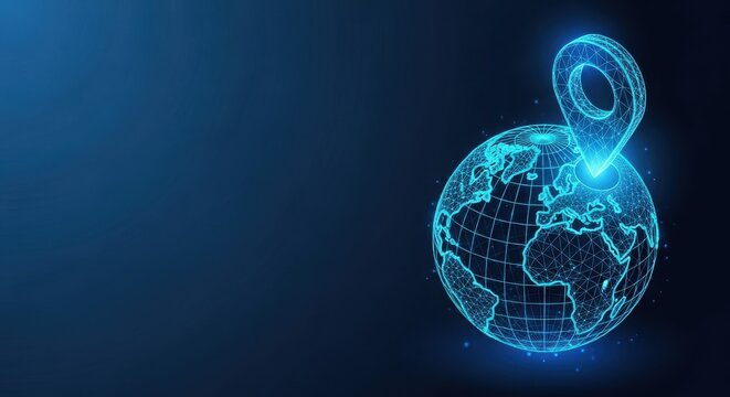Digital globe with glowing wireframe continents, representing global network and technology