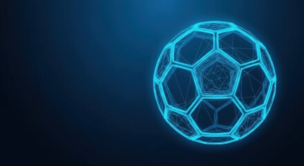 Naklejka premium Glowing Neon Wireframe Soccer Ball Design on Digital Futuristic Blue Background