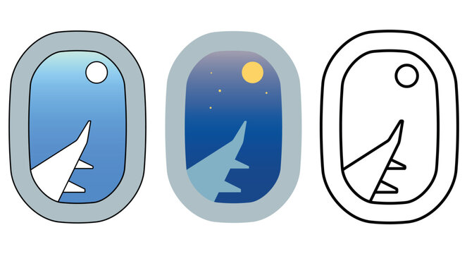Set of airplane window views featuring aircraft wing with daytime sky night scene with moon and stars and outline version. Clean vector for travel branding UI design or aviation concepts.