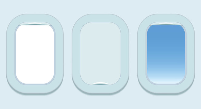 Airplane window frame set with blank view sky and white background vector