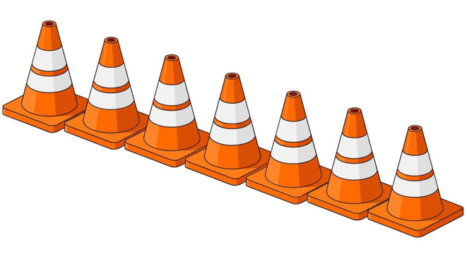 A row of seven bright orange traffic cones with white reflective stripes, neatly arranged on a white background, creating a sense of order and safety