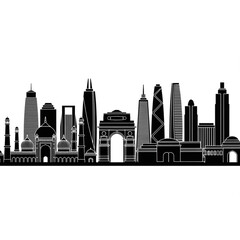 Obraz premium A black and white vector graphic illustration of a city skyline with various buildings and skyscrapers