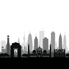 Obraz premium A black and gray vector graphic illustration of the New Delhi city skyline with famous landmarks in India