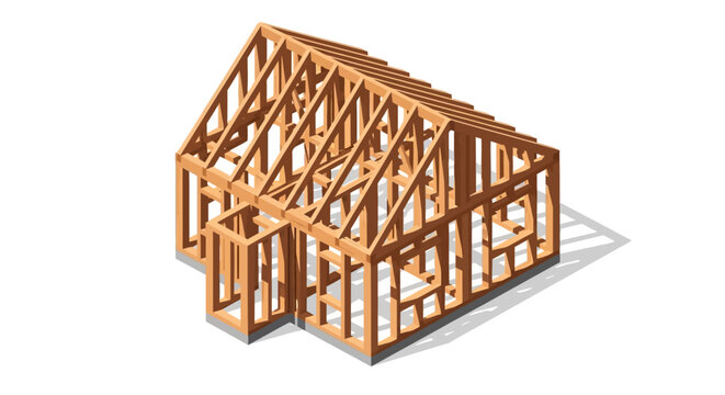 Building construction of a residential house frame made of wooden beams, showing roof trusses and wall structures for architectural design