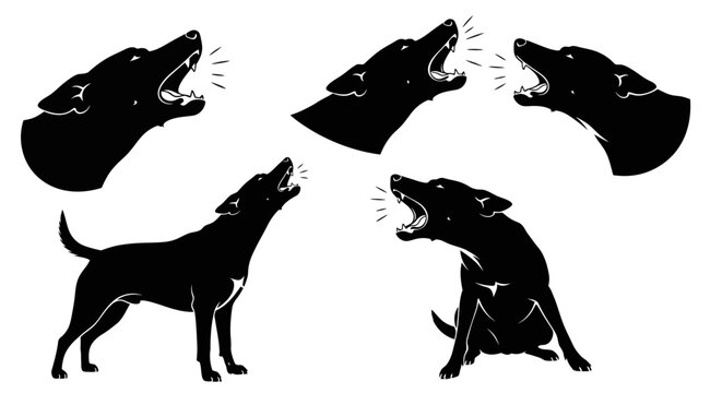Set of Barking Dog Silhouettes in Various Poses