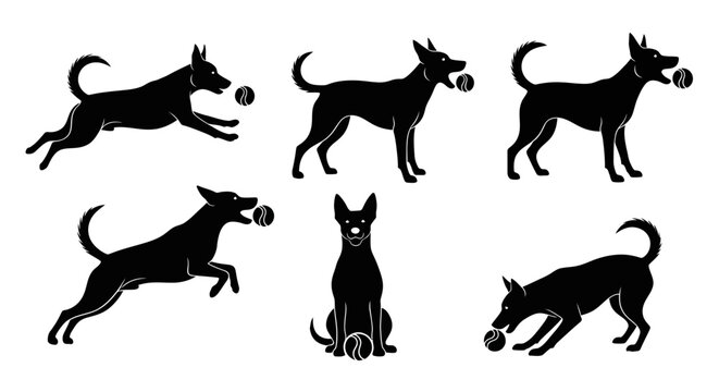 Set of Black Silhouettes of Dogs Playing with a Ball