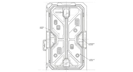 Futuristic sci-fi door sketch, industrial design, blueprint style, concept art © Sifaul
